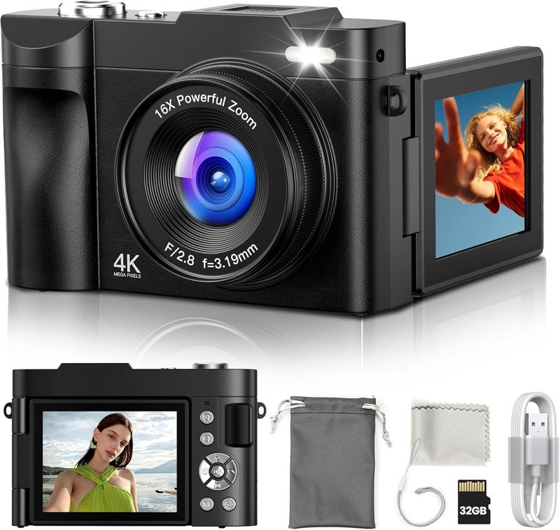 ROQIOO كاميرا رقمية 4K للتصوير الفوتوغرافي والفلوغ: كاميرات 50MP للفيديو - كاميرا تصوير 16X هدايا للمراهقين من 8-16 سنة - شاشة قابلة للتدوير 180° كاميرا مدمجة - كاميرات رقمية للتصوير الفوتوغرافي لليوتيوب - Image 1